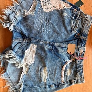 denim shorts, upscale, one of a kind by artist Jeanne Prom size 2 waist 26